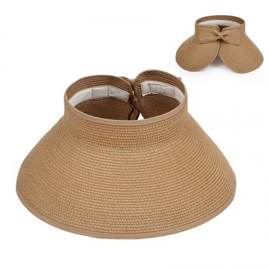 Womens Lady Foldable Bowknot Empty Top Wide Brim Beach Sun Straw Hat Outdoor Gardening Summer Cap