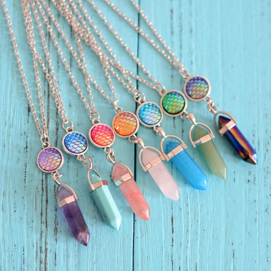 Women's Long Chain Turquoise Natural Stone Colorful Scale Pandent Silver Necklace