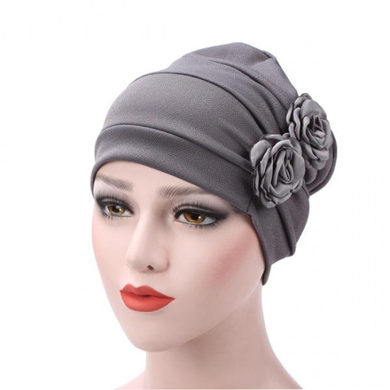 Womens New Side Paste Large Flower Solid Beanies Cap Casual Luxury Cotton Outdoor Bonnet Hat