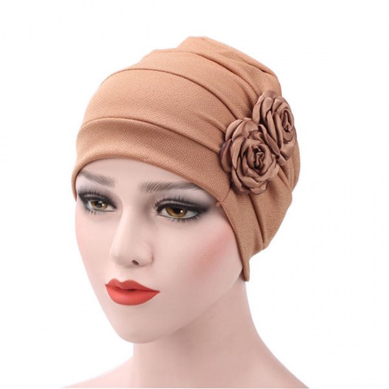 Womens New Side Paste Large Flower Solid Beanies Cap Casual Luxury Cotton Outdoor Bonnet Hat