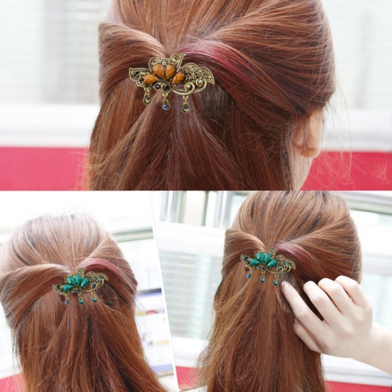 Women's Retro Colorful Zircon Rhinestone Flowers Hairpin Elegant Butterfly Hair Spring Clip