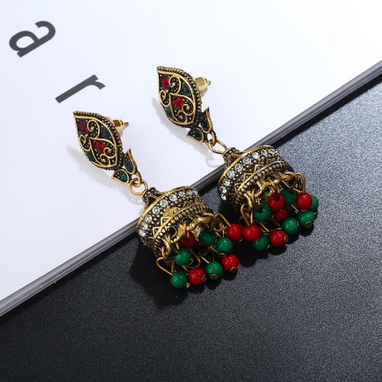 Women's Retro Rhinestone Pray for Bell Ethinc Beads Long Pendant Earrings Jewelry