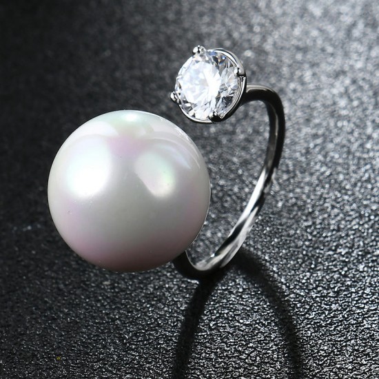 Women's Silver Elegant Pearl Zircon Opening Ring Fine Copper Ring