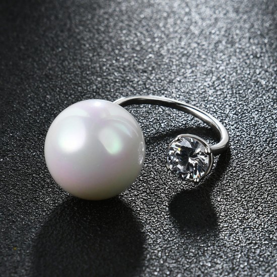 Women's Silver Elegant Pearl Zircon Opening Ring Fine Copper Ring