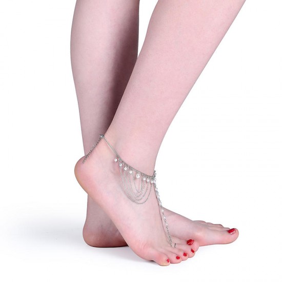 Women's Simple Pearl Tassel Barefoot Elegant Silver Anklet Gift