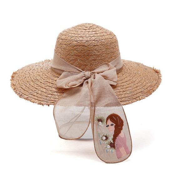 Womens Summer Straw Wide Brimmed Bucket Hat Outdoor Sun Protection Beach Fishing Caps Bowknot