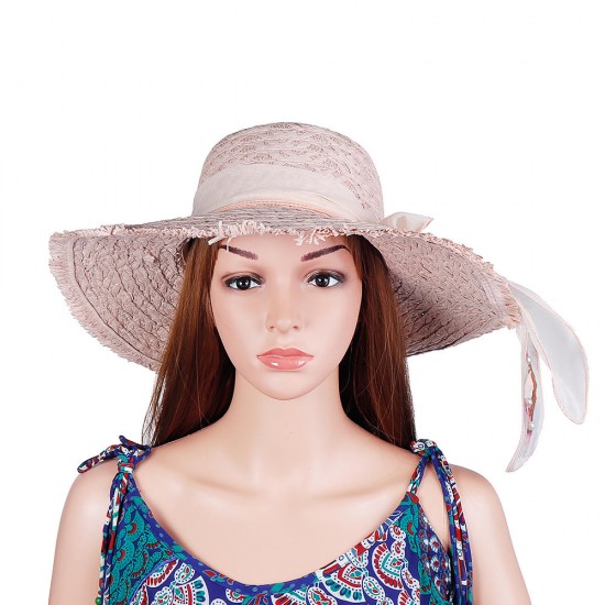 Womens Summer Straw Wide Brimmed Bucket Hat Outdoor Sun Protection Beach Fishing Caps Bowknot