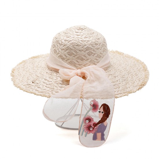 Womens Summer Straw Wide Brimmed Bucket Hat Outdoor Sun Protection Beach Fishing Caps Bowknot