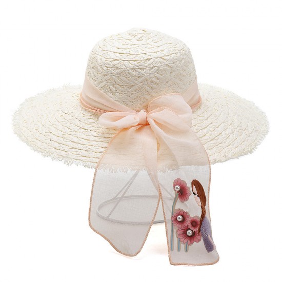 Womens Summer Straw Wide Brimmed Bucket Hat Outdoor Sun Protection Beach Fishing Caps Bowknot