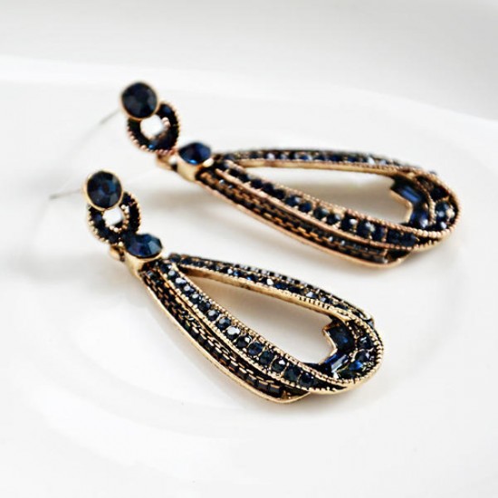 Women's Trendy Rhinestones Crystal Hollow Sapphire Dangle Gold Drop Shape Earrings