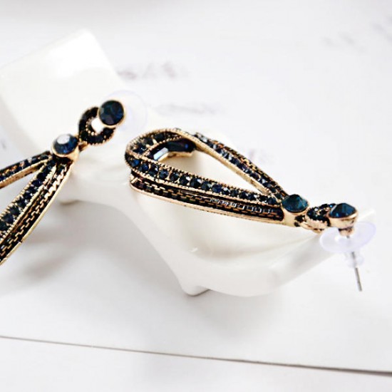 Women's Trendy Rhinestones Crystal Hollow Sapphire Dangle Gold Drop Shape Earrings