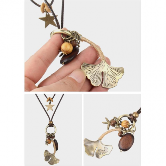 Women's Vintage 2 Layers Wax Rope Stars Sweater Chain Alloy Leaf Long Pendant Necklace