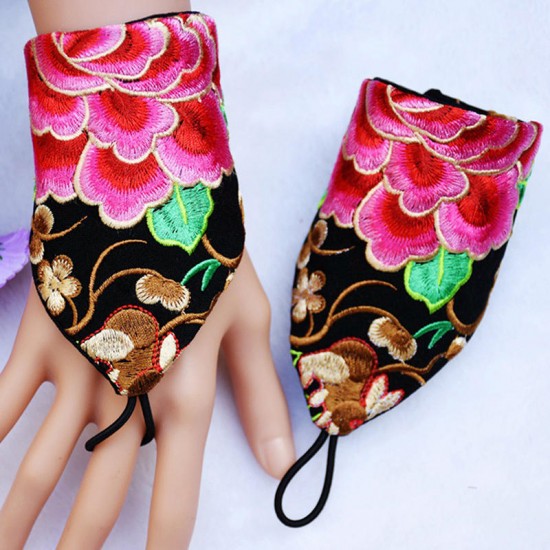 Womens Vintage Ethnic Style Embroidery Flower Triangle Glove