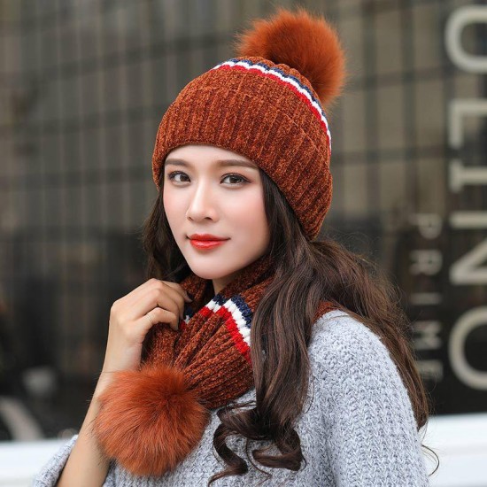 Women's Winter Dual-Use Striped Knit Beanie Hat Cycling Warm Windproof Earmuffs Wool Cap