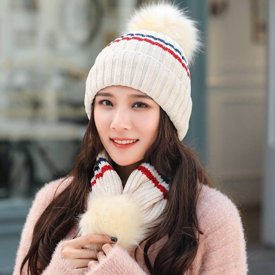 Women's Winter Dual-Use Striped Knit Beanie Hat Cycling Warm Windproof Earmuffs Wool Cap