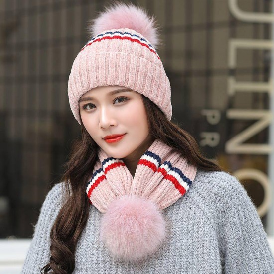 Women's Winter Dual-Use Striped Knit Beanie Hat Cycling Warm Windproof Earmuffs Wool Cap