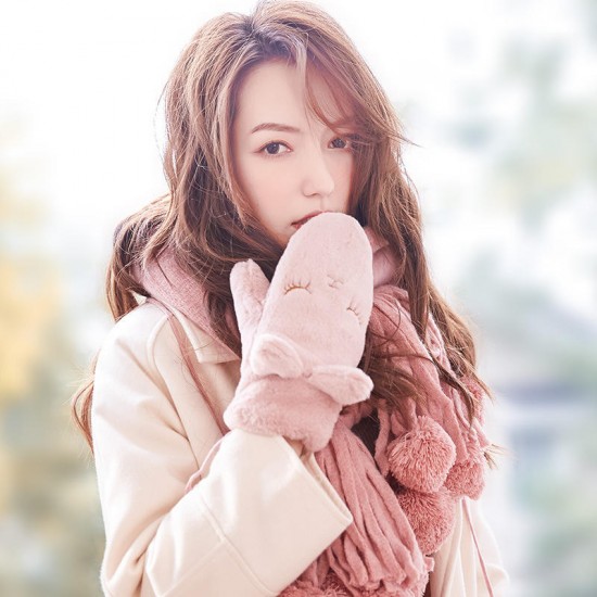 Women's Winter Faux Rabbit Fur Hanging Neck Thick Warm Full Finger Gloves Mittens