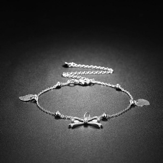 YUEYIN 925 Silver Plated Anklet Bracelet Sweet Heart Bowknot Pendant Sandal Foot Chain