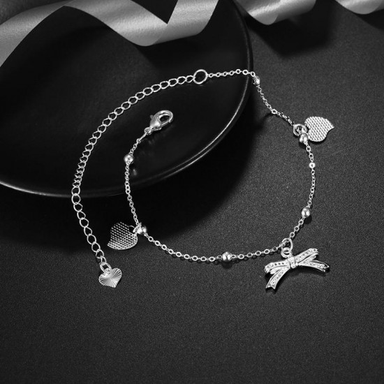 YUEYIN 925 Silver Plated Anklet Bracelet Sweet Heart Bowknot Pendant Sandal Foot Chain