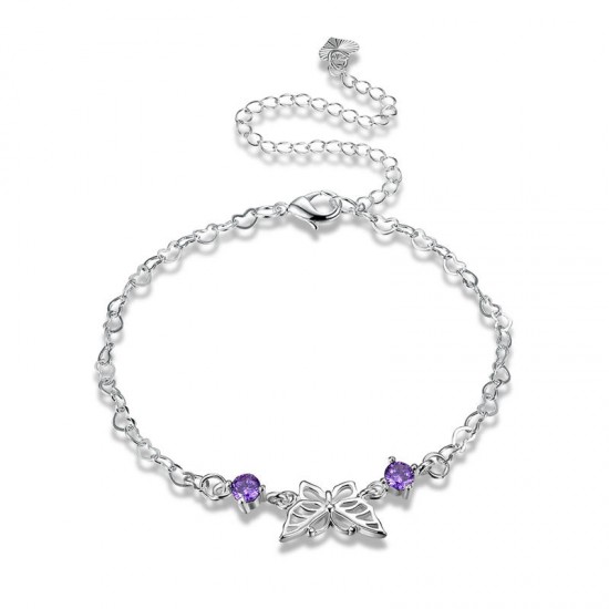 YUEYIN Elegant 925 Silver Plated Purple Rhinestone Butterfly Anklet Bracelet Women Jewelry