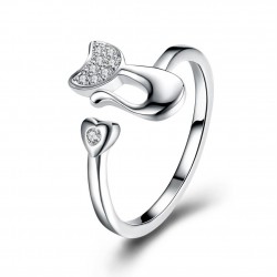 YUEYIN Fashion Trend Ring Silver Plated Cat Romantic Heart Opening Adjustable Finger Rings for Women