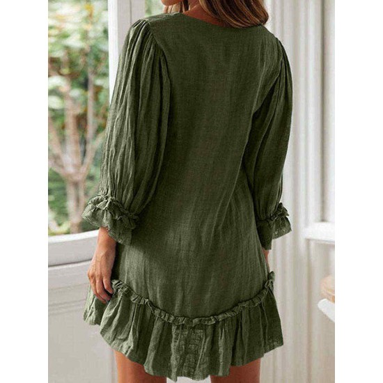 Casual Solid Color Lace V-neck Long Sleeve Dress