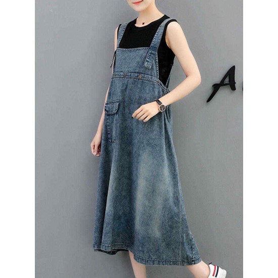 Demin Elastic Waist Pocket Suspender Dress