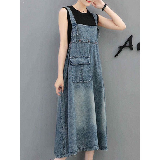 Demin Elastic Waist Pocket Suspender Dress