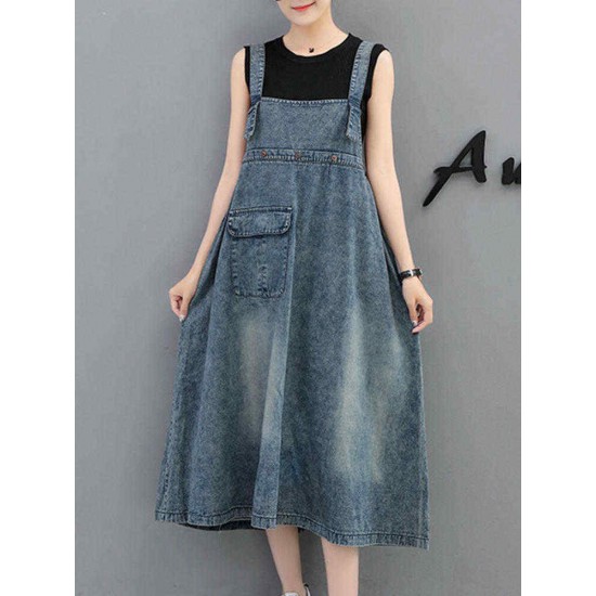 Demin Elastic Waist Pocket Suspender Dress