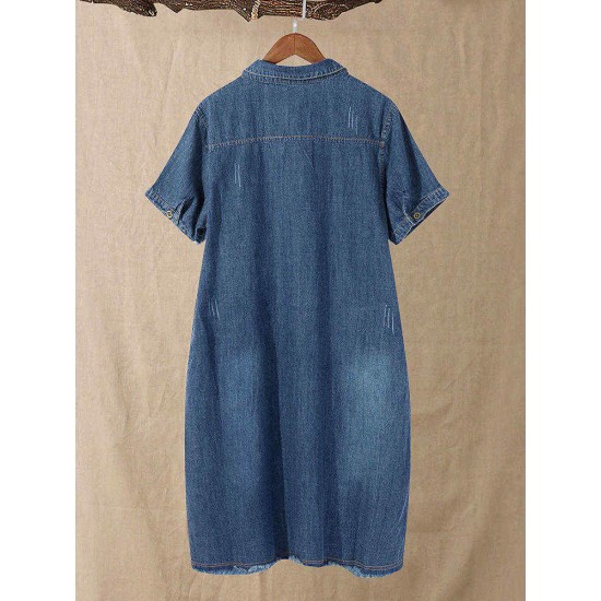 Denim Casual Button Pockets Solid Color Shirt Dress