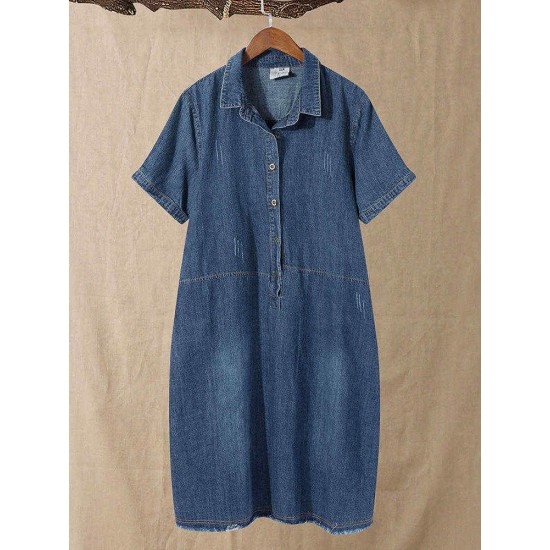 Denim Casual Button Pockets Solid Color Shirt Dress