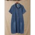 Denim Casual Button Pockets Solid Color Shirt Dress