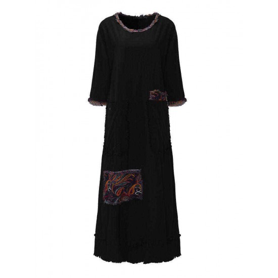 Elegant Women Floral Patch Tassels Three Quarter Sleeve O-Neck A-Line Dress