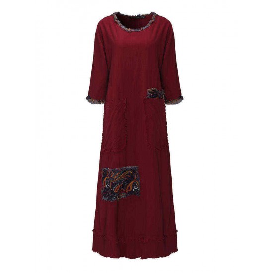 Elegant Women Floral Patch Tassels Three Quarter Sleeve O-Neck A-Line Dress