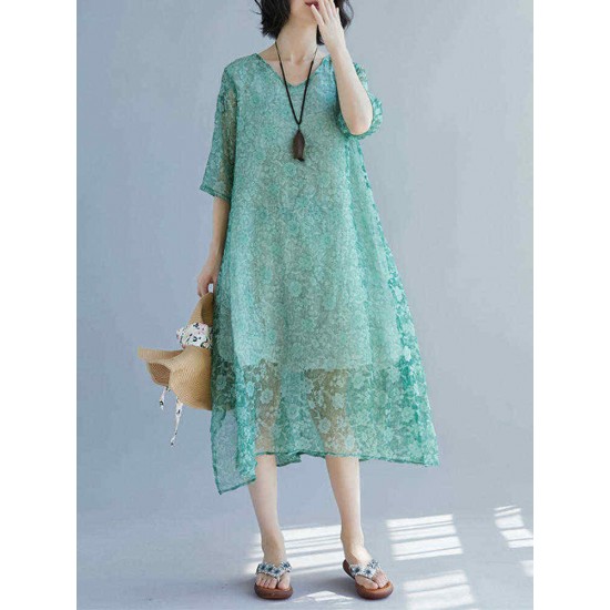 Elegant Women Floral Print Half Sleeves V-neck Loose Dress