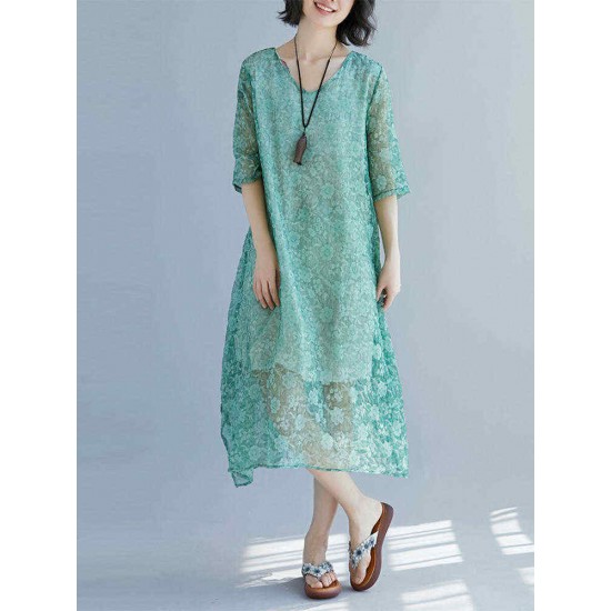 Elegant Women Floral Print Half Sleeves V-neck Loose Dress