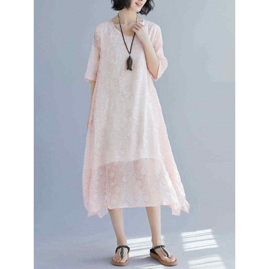 Elegant Women Floral Print Half Sleeves V-neck Loose Dress