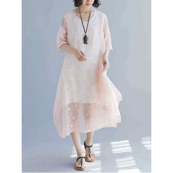 Elegant Women Floral Print Half Sleeves V-neck Loose Dress