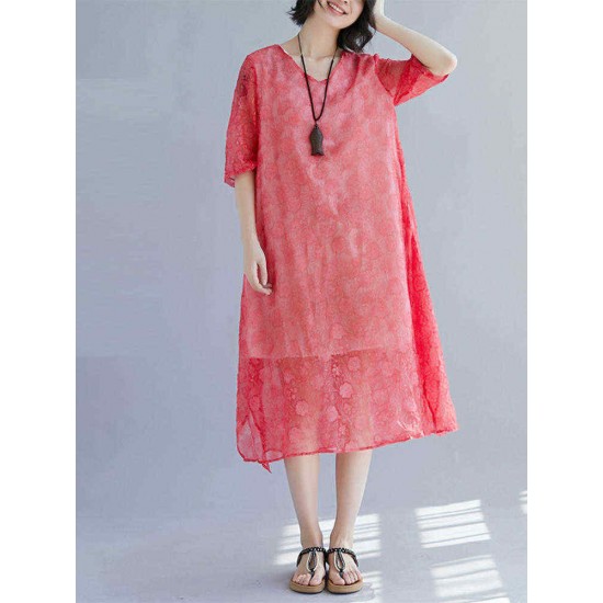 Elegant Women Floral Print Half Sleeves V-neck Loose Dress