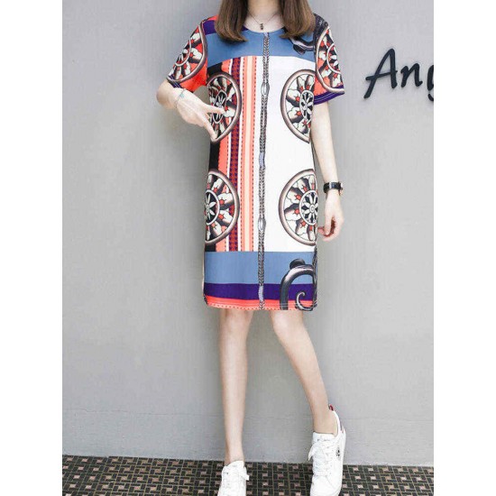 Elegant Women O-Neck Short Sleeve Printed Straight Dress