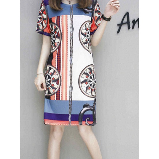 Elegant Women O-Neck Short Sleeve Printed Straight Dress