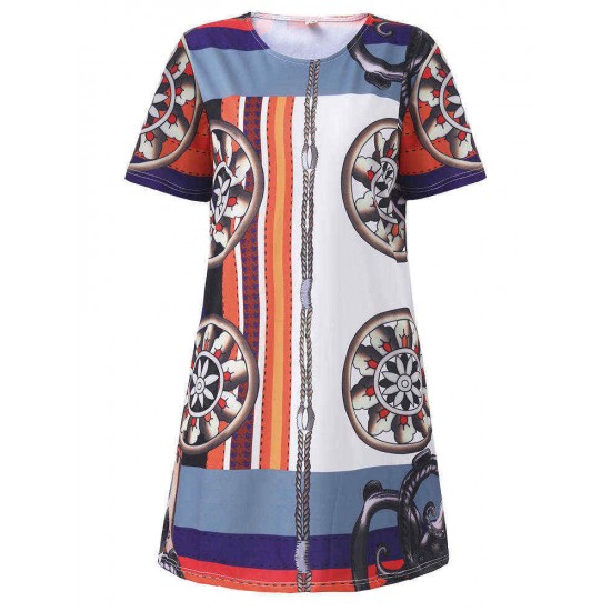 Elegant Women O-Neck Short Sleeve Printed Straight Dress