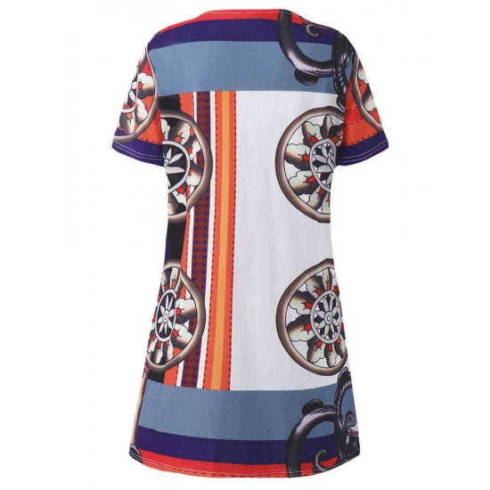 Elegant Women O-Neck Short Sleeve Printed Straight Dress