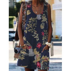 Floral Print O-neck Sleeveless Bohemian Dress with Pockets