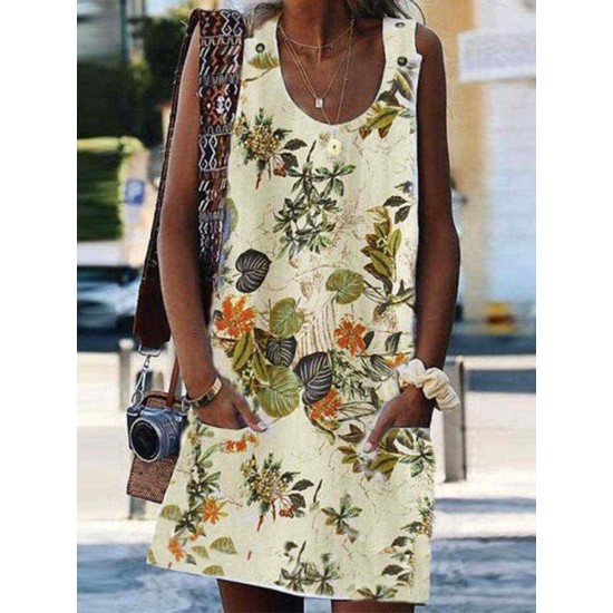 Floral Print O-neck Sleeveless Bohemian Dress with Pockets