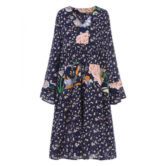 Floral Print Pleated Flared Sleeve V-neck Plus Size Dress