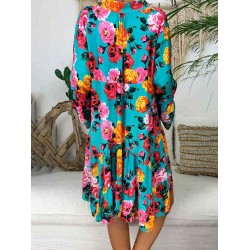 Floral Print V-neck Lapel Pleated Plus Size Dress