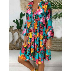 Floral Print V-neck Lapel Pleated Plus Size Dress