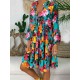 Floral Print V-neck Lapel Pleated Plus Size Dress