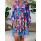 Floral Print V-neck Lapel Pleated Plus Size Dress